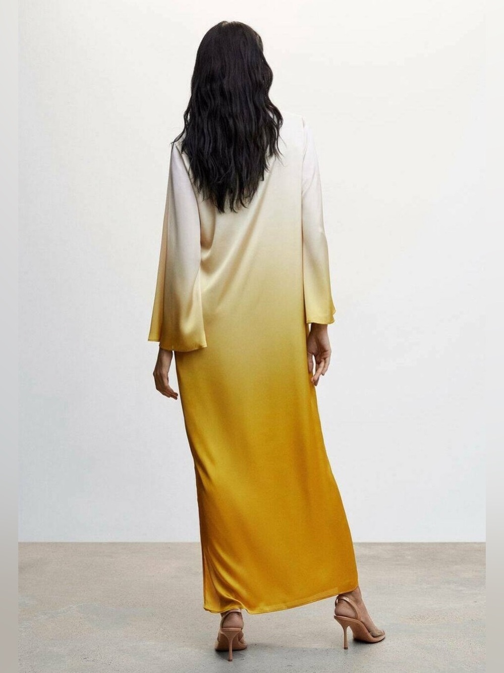 Mango Ombre Yellow Cream Long Sleeve Satin Maxi Dress - Picture 2 of 5